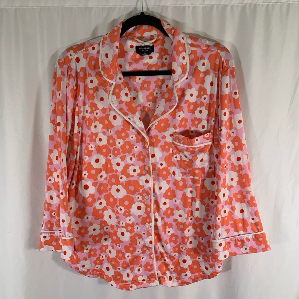 Kate Spade Sleep Top Women's Large Orange Floral Button Up 3/4 Sleeve Soft